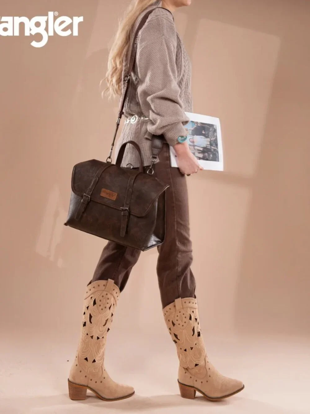 Wrangler Top Handle Carry Satchel/Laptop Bag/Backpack/Crossbody - Coffee